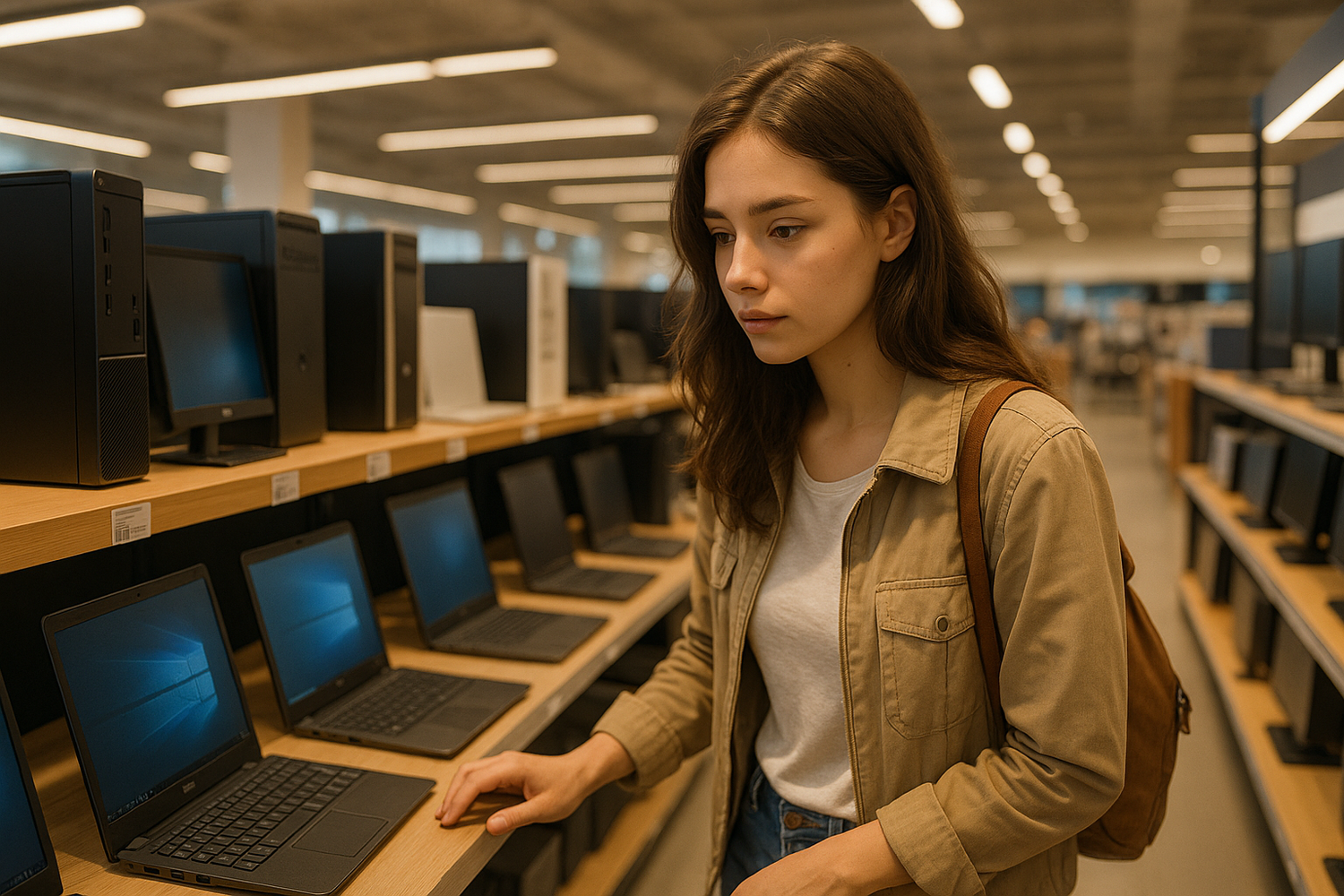 girl looking for computer